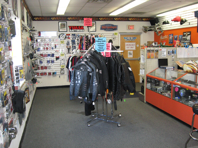 Motorcycle parts accessories showroom.